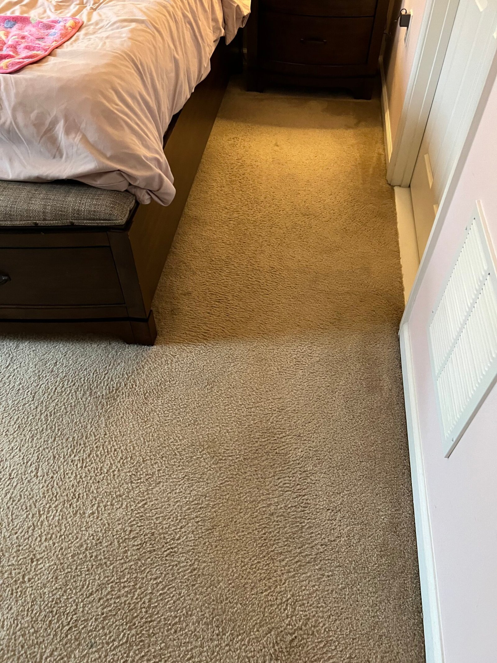 Soiled carpet in a Northern Virginia home before upholstery cleaning